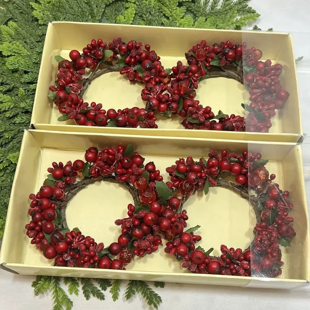 Tag Set of 4 Berry & Beads Candle Rings for 2.5” Pillar Red Berries Christmas